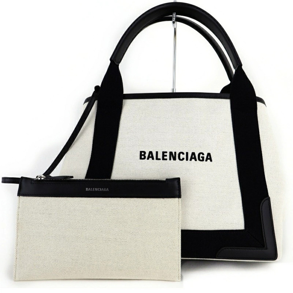 Balenciaga Canvas Black Leather Cabas Navy Tote Bag White Blue Blue White